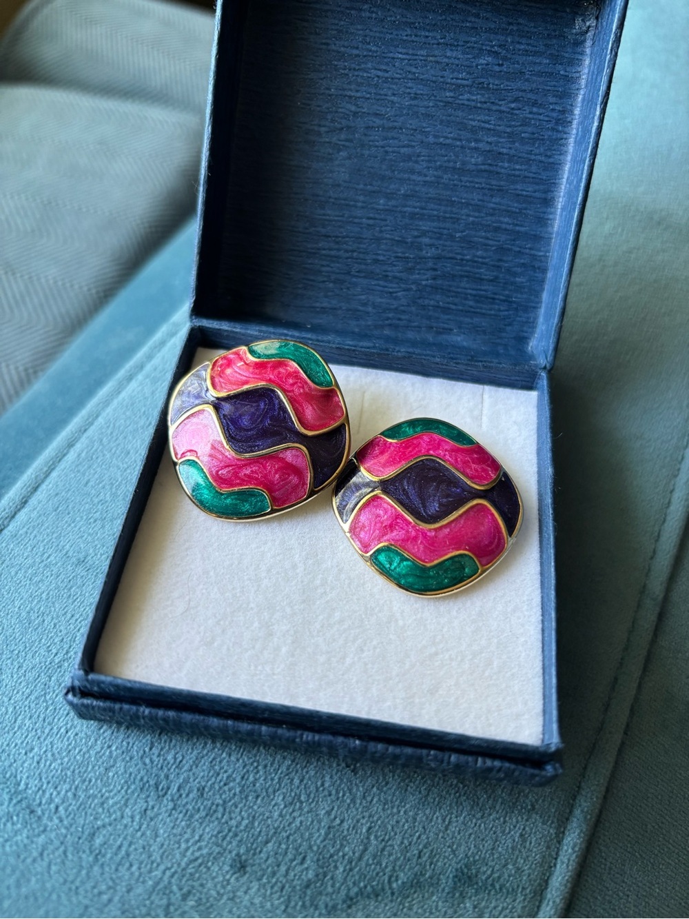 Vintage Enameled Wave Stud Earrings – Magenta, Purple & Green | Made in USA